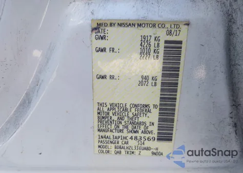 2017 Nissan Altima 2.5 Sr from USA, damaged, VIN 1N4AL3AP1HC483569